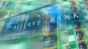 Collage illustration of text reading Reserve Bank, cityscape and hundred dollar notes