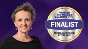 Helen Avis with Women in Finance Awards 2022 Finalist badge