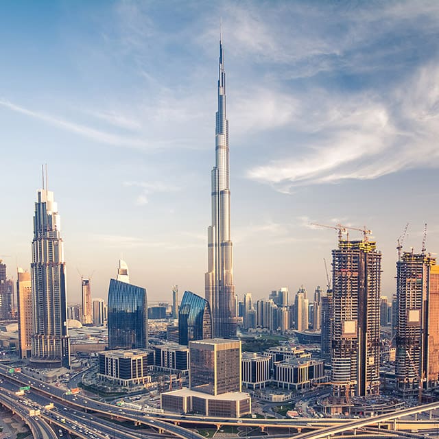 Dubai skyline with beautiful city close to it's busiest highway on traffic