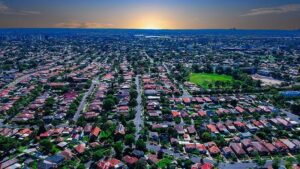 Drone Aerial view of Suburban federation residential house in Sydney NSW Australia