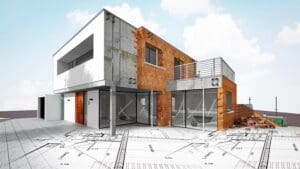 3D rendering of modern house with plan