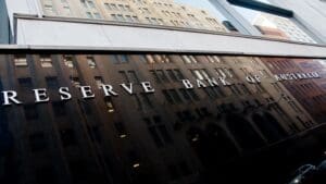 SYDNEY, AUSTRALIA - MAY 5, 2018: Reserve Bank of Australia building name on black stone wall in the center of Sydney NSW Australia.