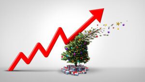 Holiday inflation and rising Christmas shopping prices and winter holidays increase in debt due to spending and consumer price rise or hyperinflation with 3D illustration elements